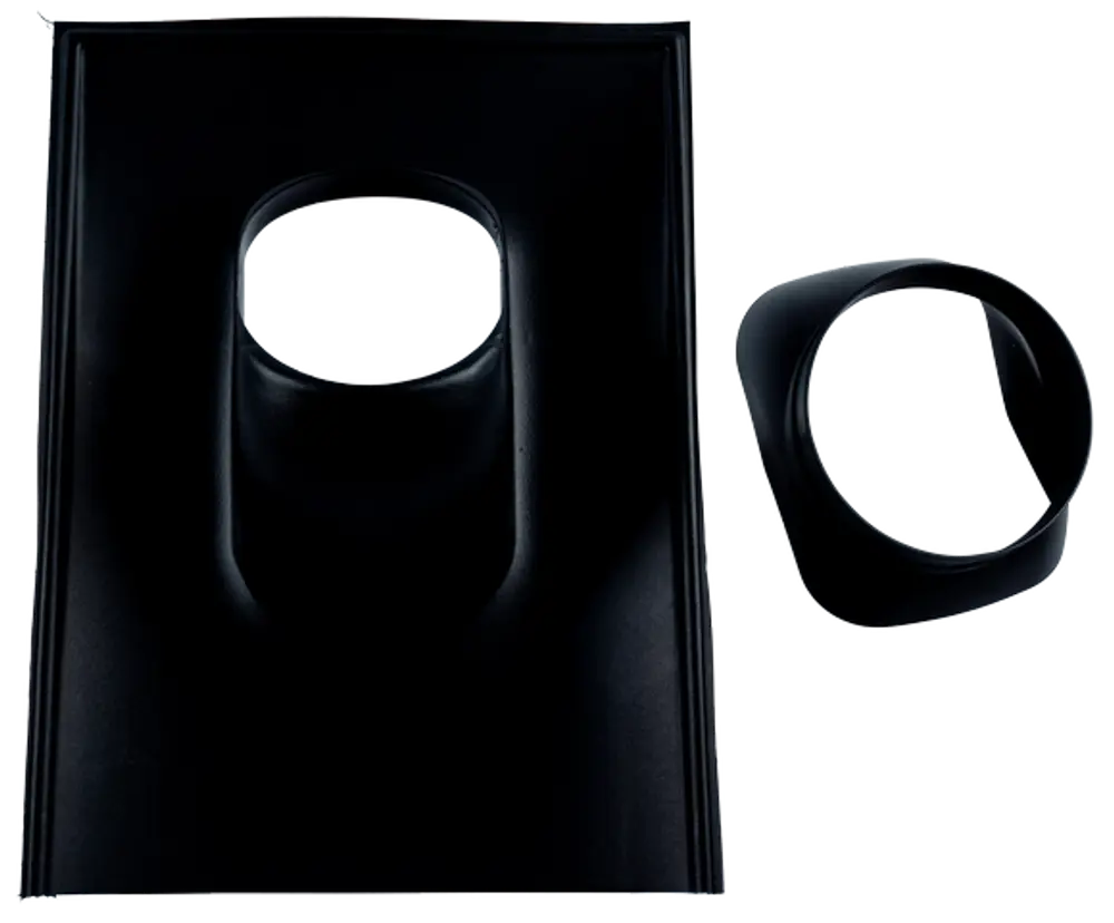 Schwarze Dachplatte mit Ausschnitten, geeignet für Schrägdächer. Teil des Systems von Wolf für die effiziente Ableitung von Regenwasser.
